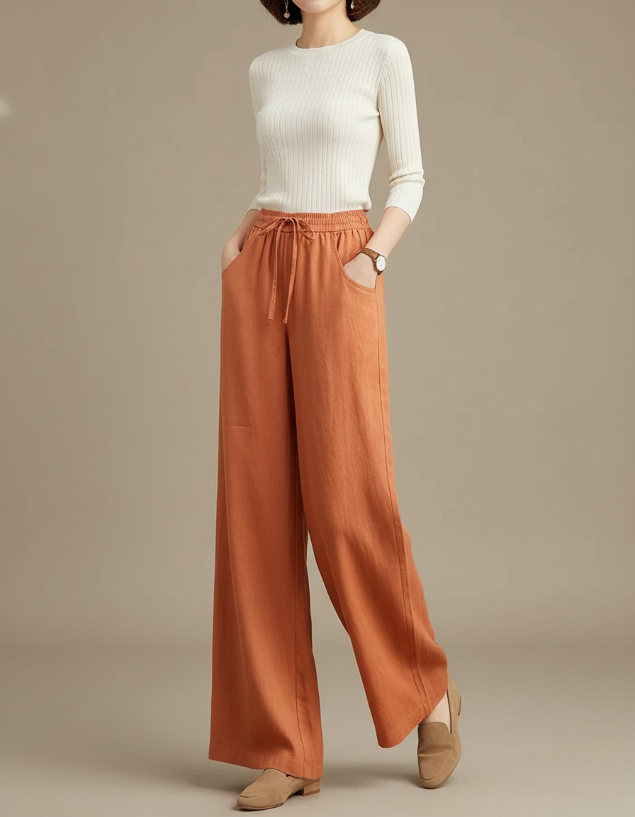 Pantalon Chino Lin Ample Taille Haute Orange