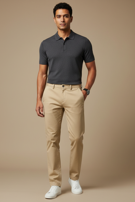 Pantalon Chino Kaki Coton Stretch Coupe Droite Homme - Beige