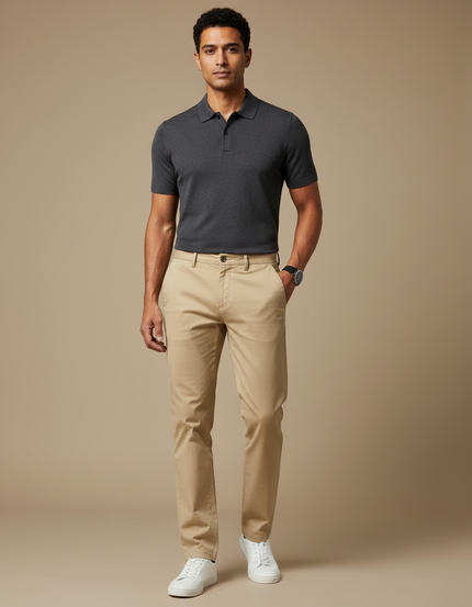 Pantalon Chino Kaki Coton Stretch Coupe Droite Homme - Beige