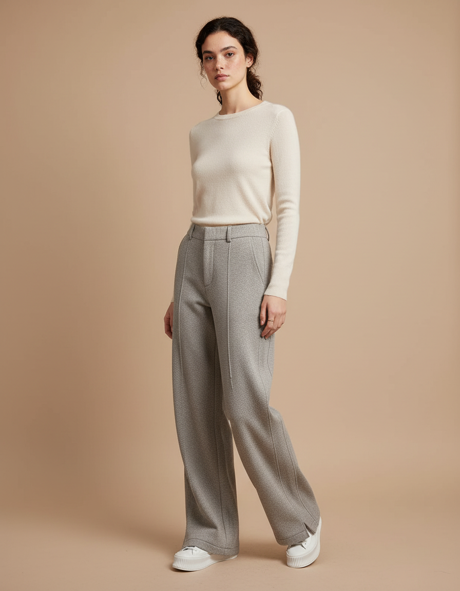 Pantalon Chino Gris Large Fluide Décontracté Femme - Maille