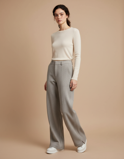 Pantalon Chino Gris Large Fluide Décontracté Femme - Maille