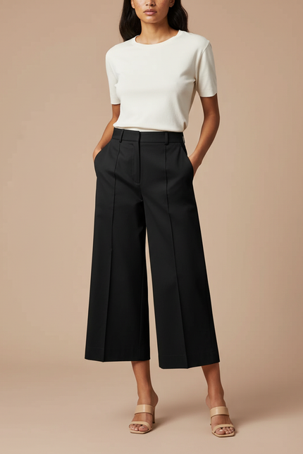 Pantalon Chino Noir Ample Taille Haute Business Femme - Gabardine