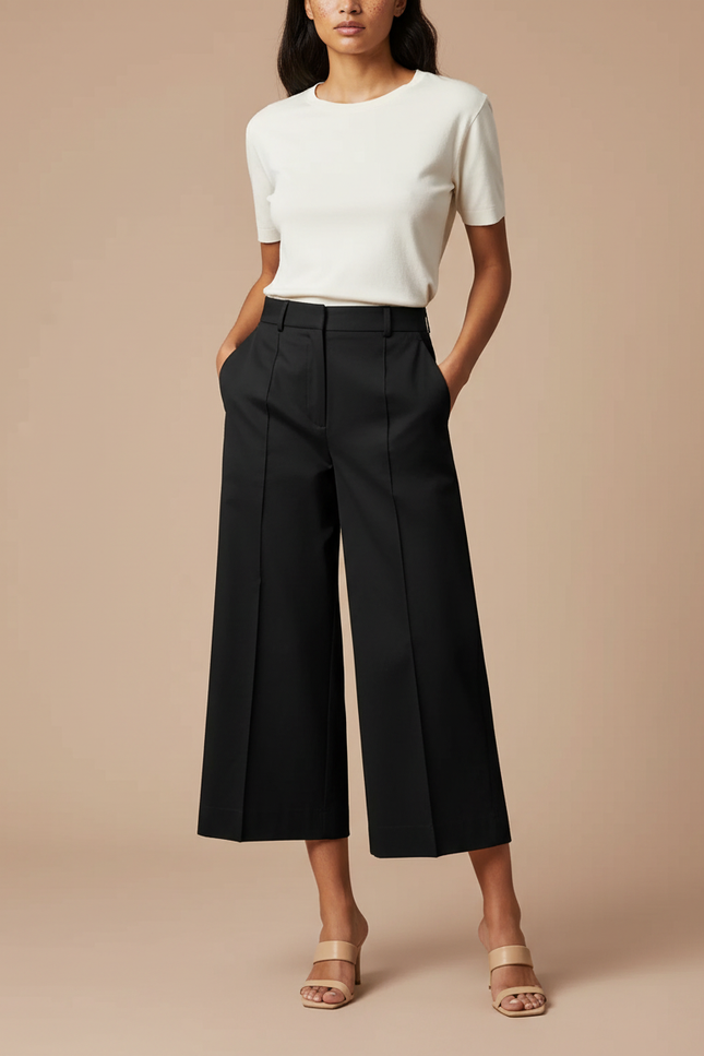 Pantalon Chino Noir Ample Taille Haute Business Femme - Gabardine