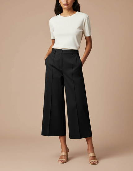 Pantalon Chino Noir Ample Taille Haute Business Femme - Gabardine