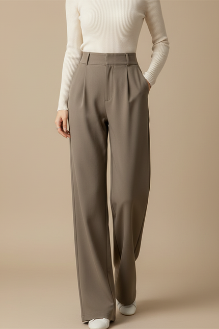 Pantalon Chino Gris Plissé Ample Taille Haute Femme - Kaki Polyester