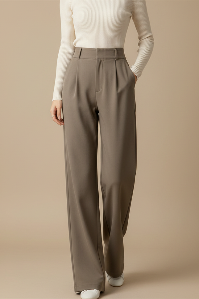 Pantalon Chino Gris Plissé Ample Taille Haute Femme - Kaki Polyester