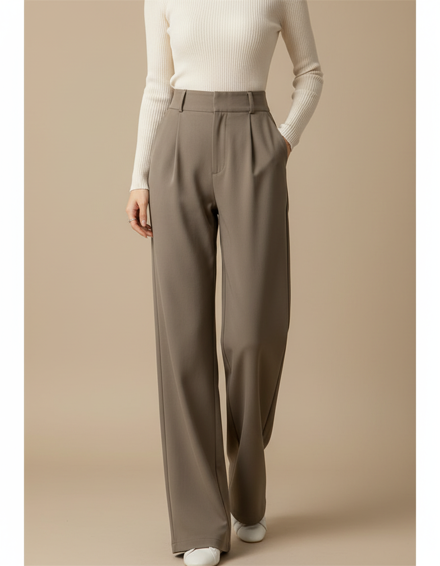 Pantalon Chino Gris Plissé Ample Taille Haute Femme - Kaki Polyester