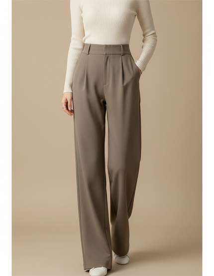 Pantalon Chino Gris Plissé Ample Taille Haute Femme - Kaki Polyester