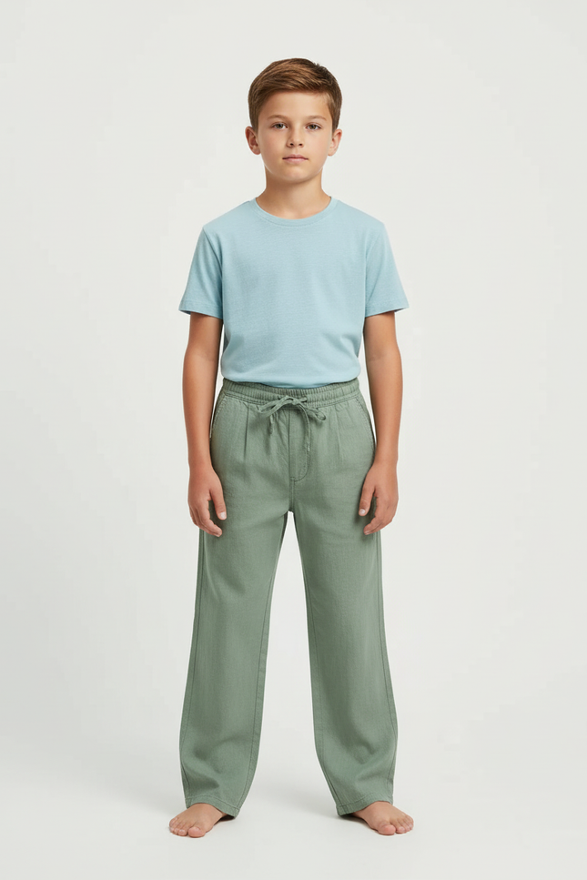 Pantalon Chino Vert Ample Coton Enfant Décontracté - Lin