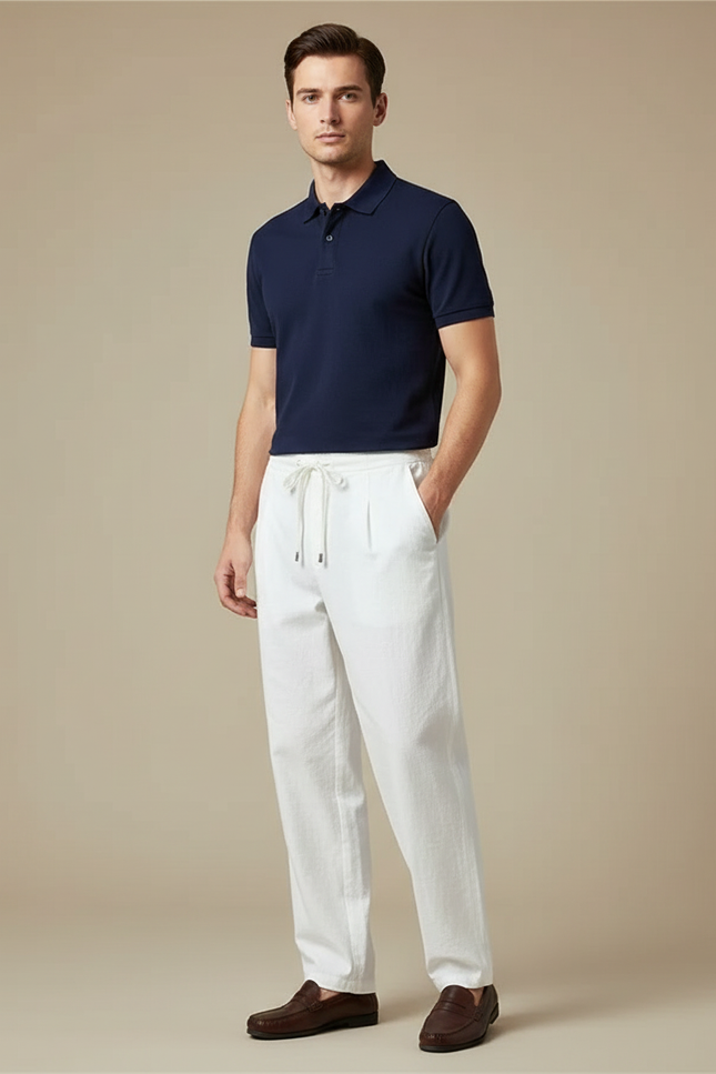 Pantalon Chino Blanc Lin Ample Décontracté Homme