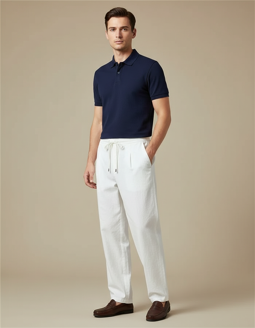 Pantalon Chino Blanc Lin Ample Décontracté Homme