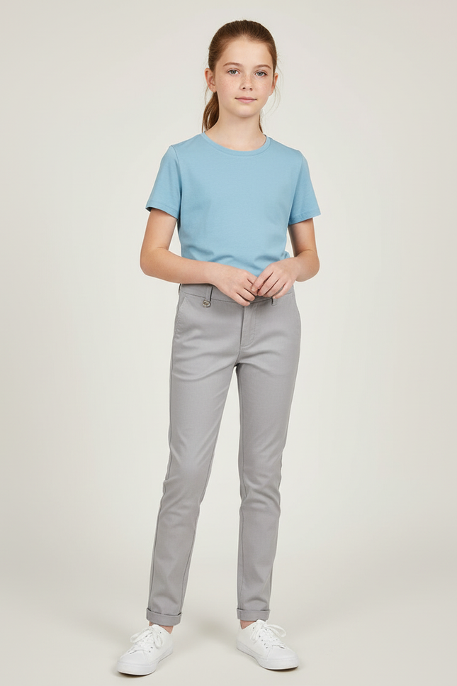 Pantalon Chino Gris Clair Slim Fille Élégant - Gabardine