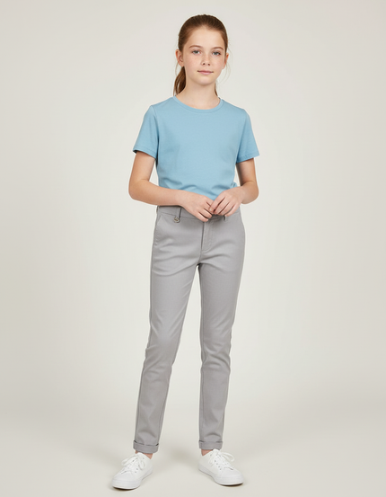 Pantalon Chino Gris Clair Slim Fille Élégant - Gabardine