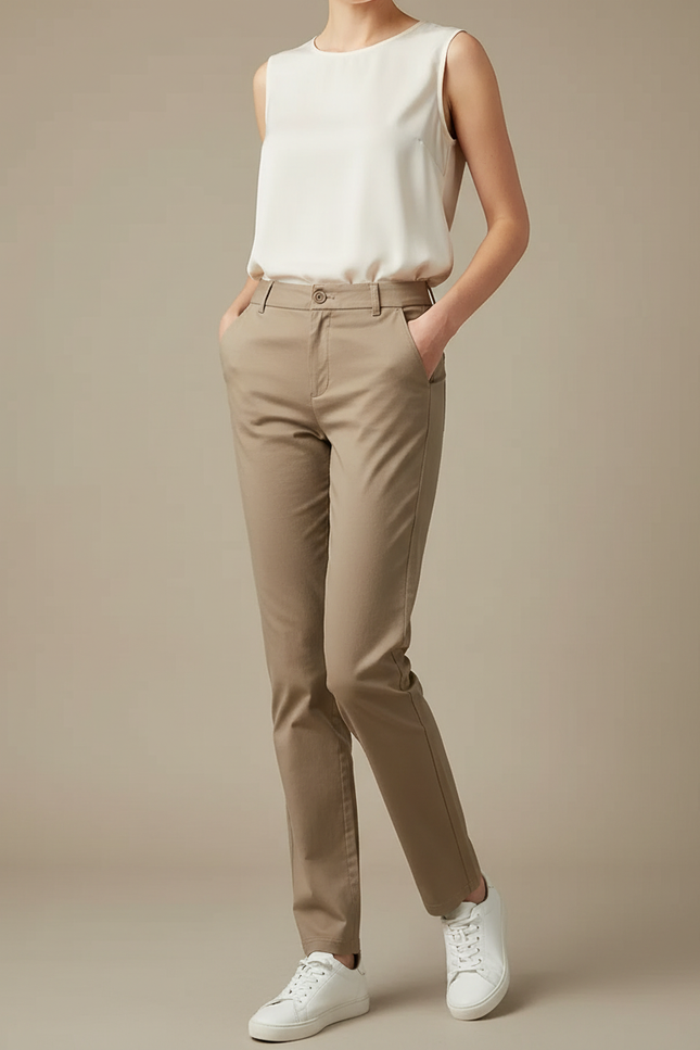 Pantalon Chino Marron Femme - Kaki Gabardine