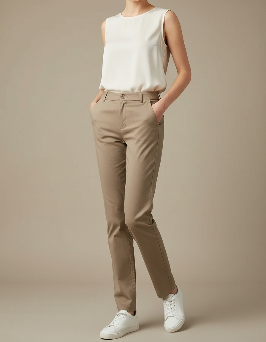 Pantalon Chino Marron Femme - Kaki Gabardine