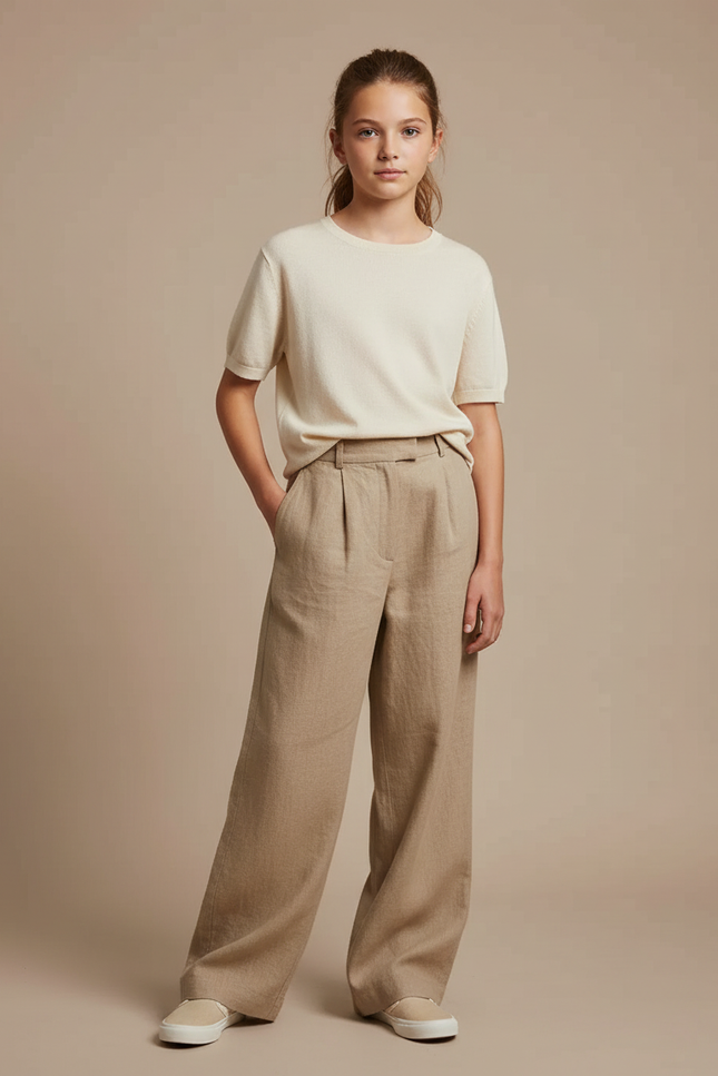 Pantalon Chino Beige Ample Lin Décontracté Enfant