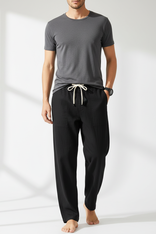Pantalon Chino Noir Ample Coton Lin Homme