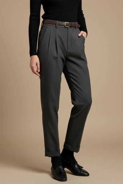 Pantalon Chino Gris Plissé Taille Haute Élégant Femme - Laine