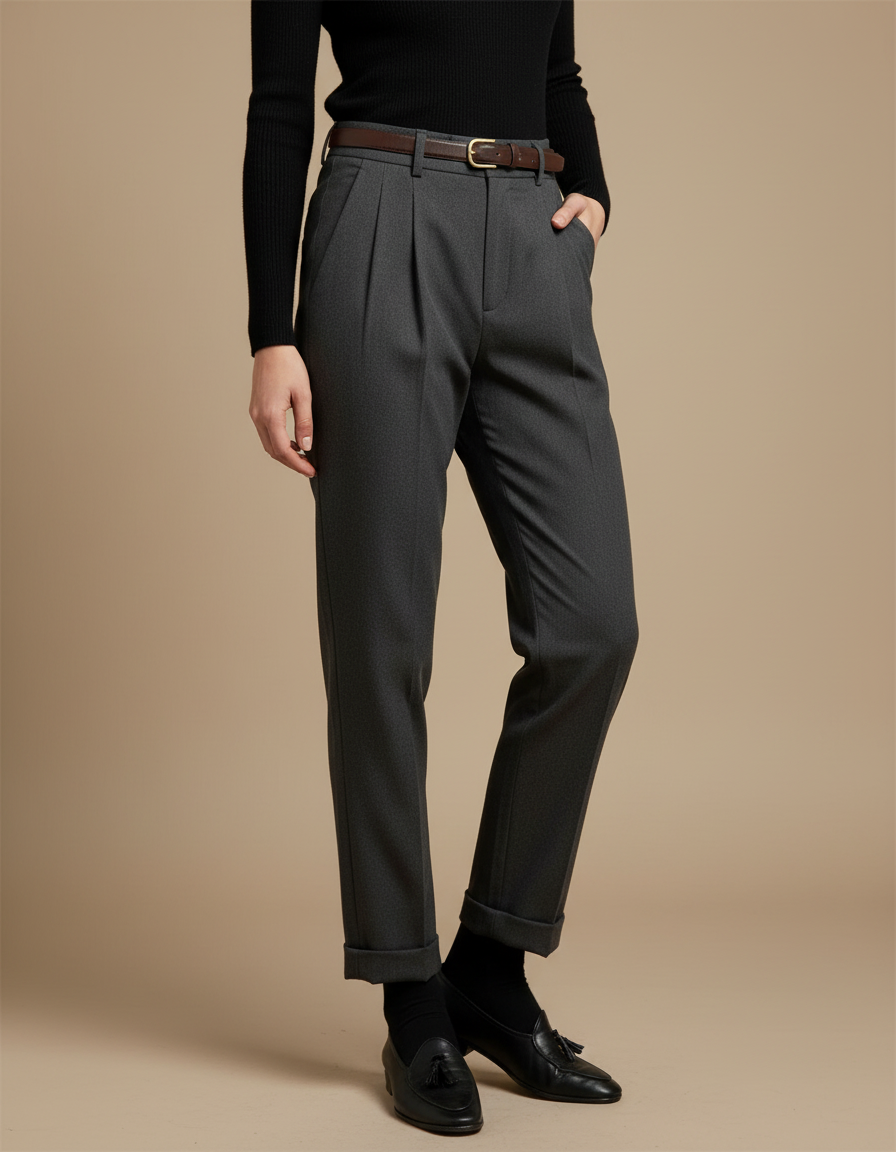 Pantalon Chino Gris Plissé Taille Haute Élégant Femme - Laine