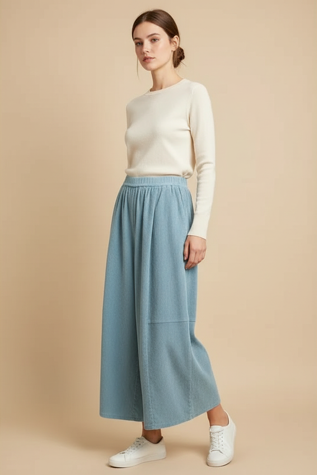 Pantalon Chino Côtelé Large Bleu Ciel Confortable Femme - Cordé