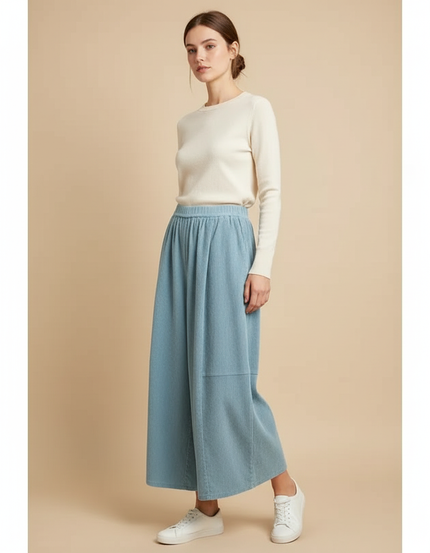 Pantalon Chino Côtelé Large Bleu Ciel Confortable Femme - Cordé