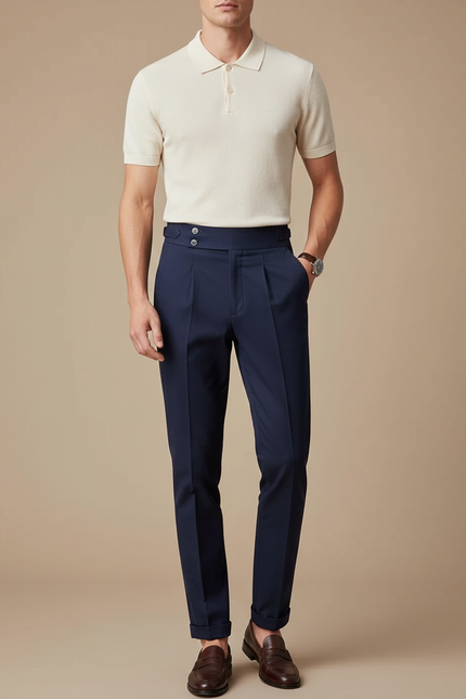 Pantalon Chino Homme Bleu Marine Taille Haute Plissé Élégant - Gabardine