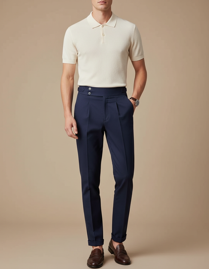 Pantalon Chino Homme Bleu Marine Taille Haute Plissé Élégant - Gabardine