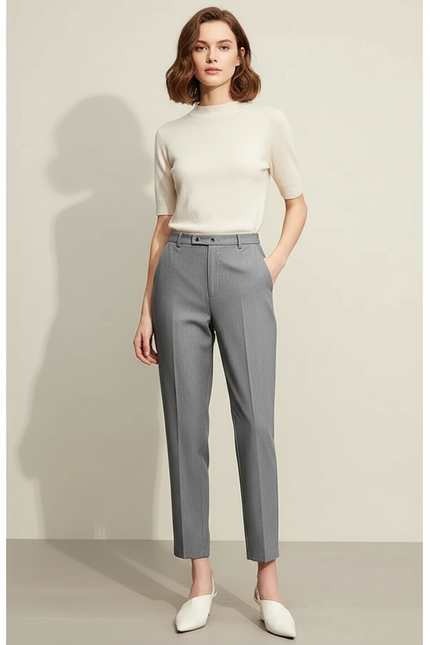 Pantalon Chino Gris Droit Élastique Élégant Femme - Gabardine