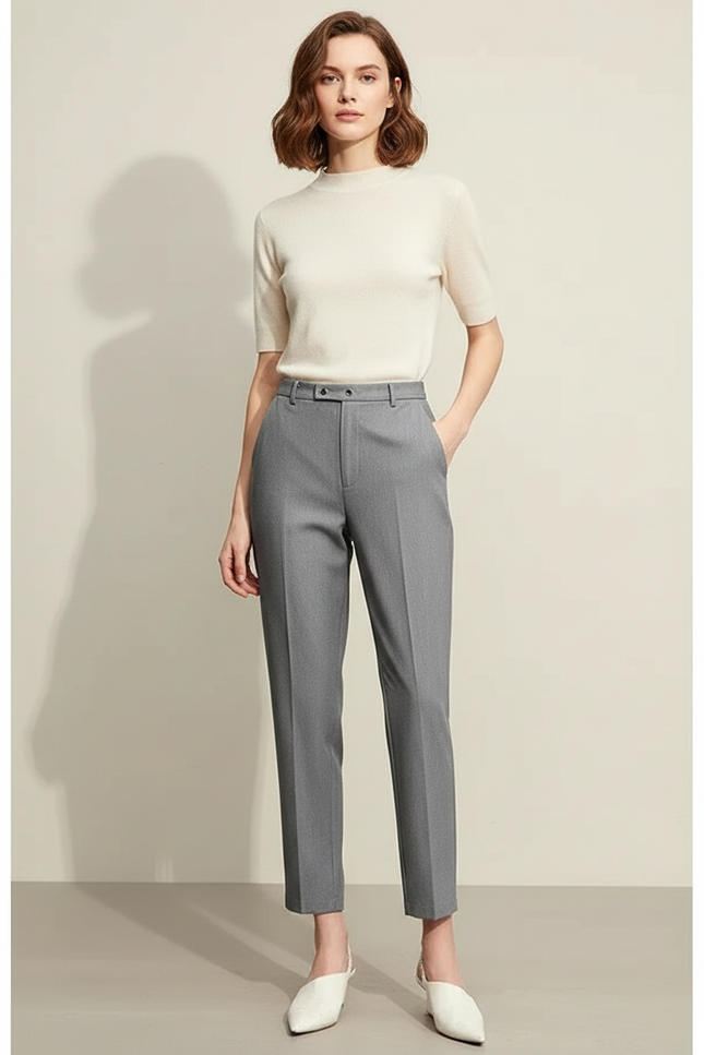 Pantalon Chino Gris Droit Élastique Élégant Femme - Gabardine