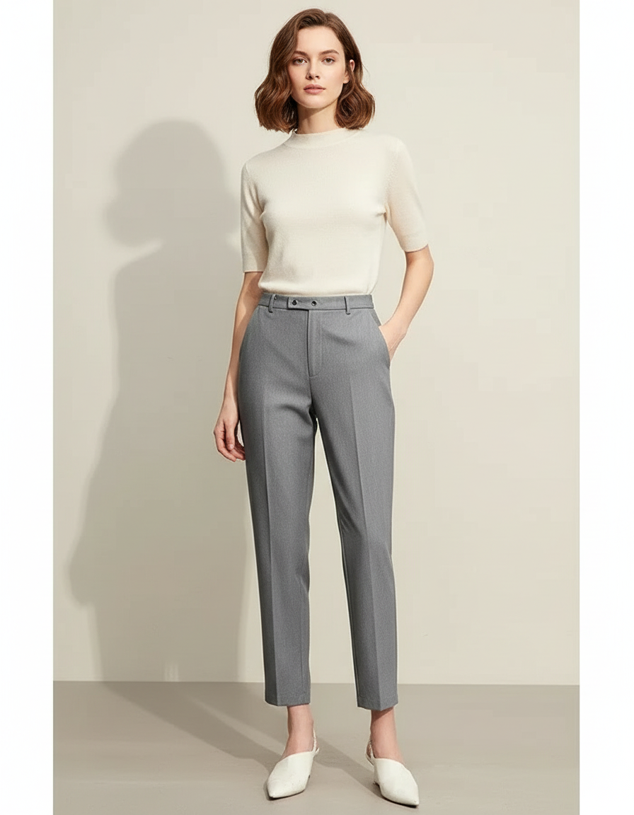 Pantalon Chino Gris Droit Élastique Élégant Femme - Gabardine