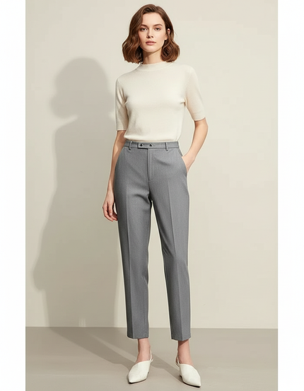 Pantalon Chino Gris Droit Élastique Élégant Femme - Gabardine