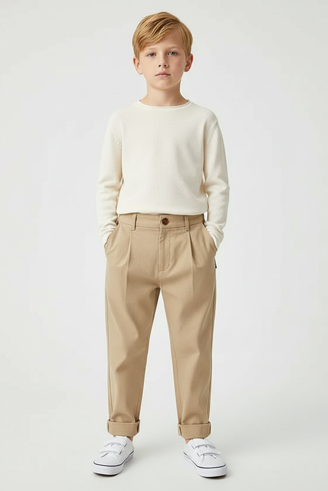 Pantalon Chino Kaki Plissé Décontracté Garçon Coton
