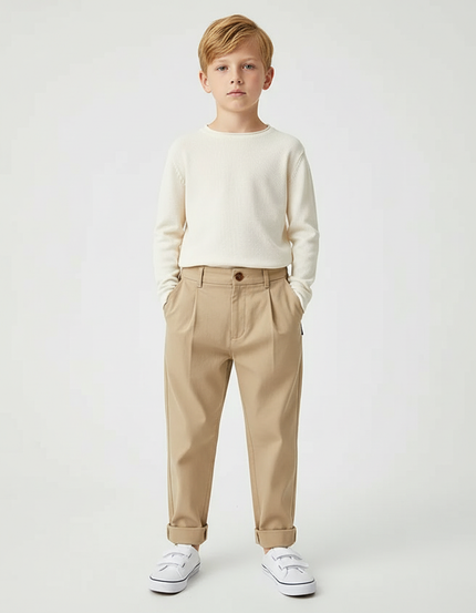 Pantalon Chino Kaki Plissé Décontracté Garçon Coton