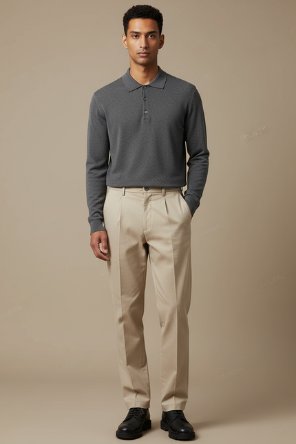 Pantalon Chino Beige Plissé Homme Décontracté Coton