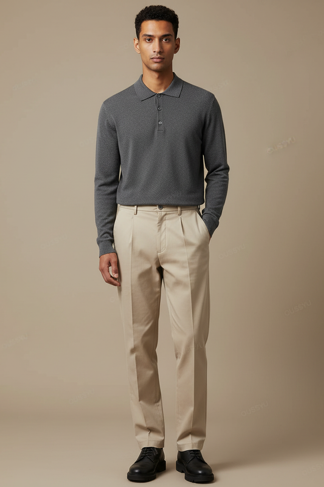 Pantalon Chino Beige Plissé Homme Décontracté Coton