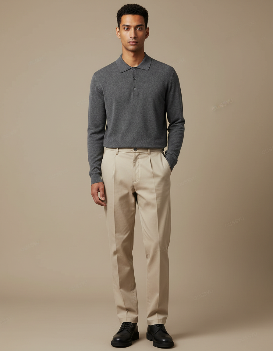 Pantalon Chino Beige Plissé Homme Décontracté Coton