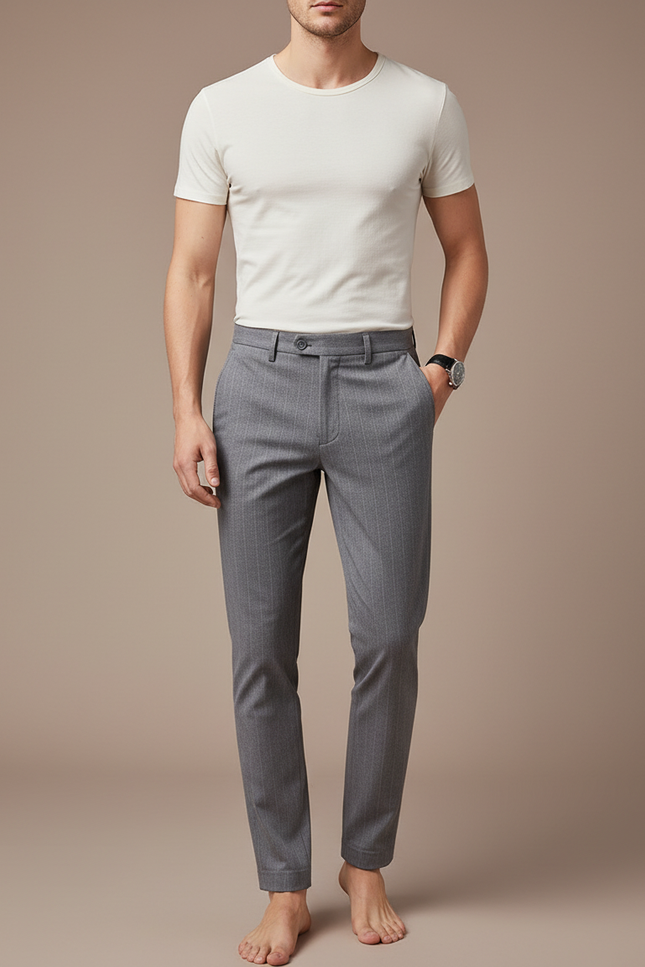 Pantalon Chino Gris Slim Rayé Élégant Décontracté - Laine