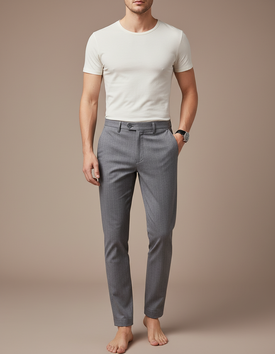 Pantalon Chino Gris Slim Rayé Élégant Décontracté - Laine