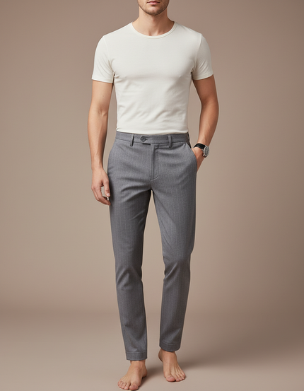 Pantalon Chino Gris Slim Rayé Élégant Décontracté - Laine