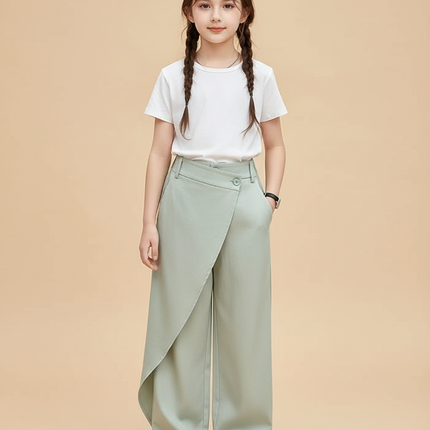 Pantalon Chino Vert Ample Irrégulier Fluide Fille - Polyester