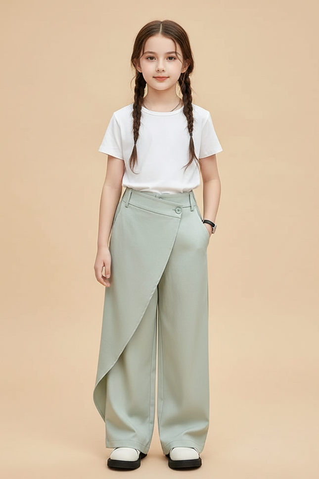 Pantalon Chino Vert Ample Irrégulier Fluide Fille - Polyester