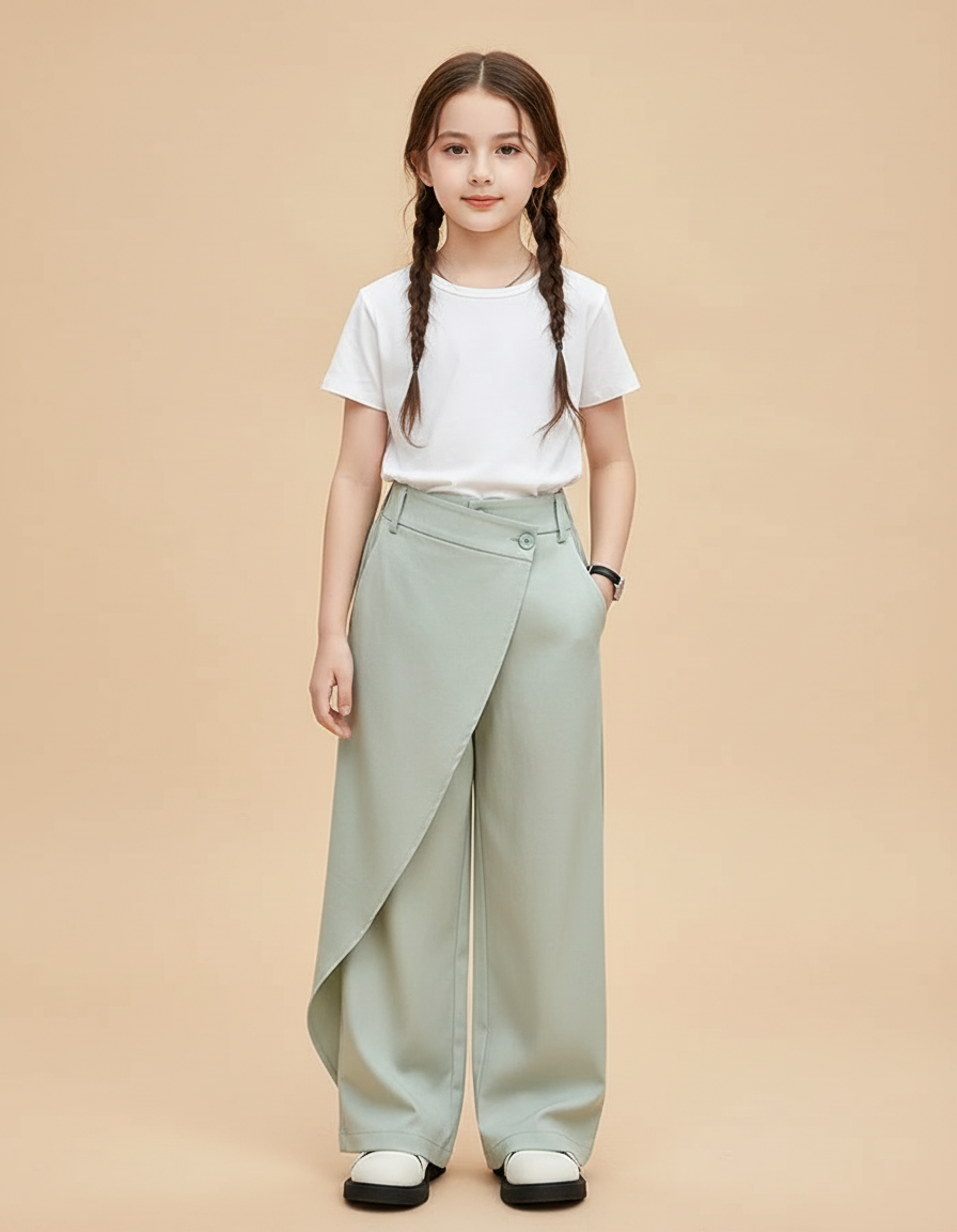 Pantalon Chino Vert Ample Irrégulier Fluide Fille - Polyester