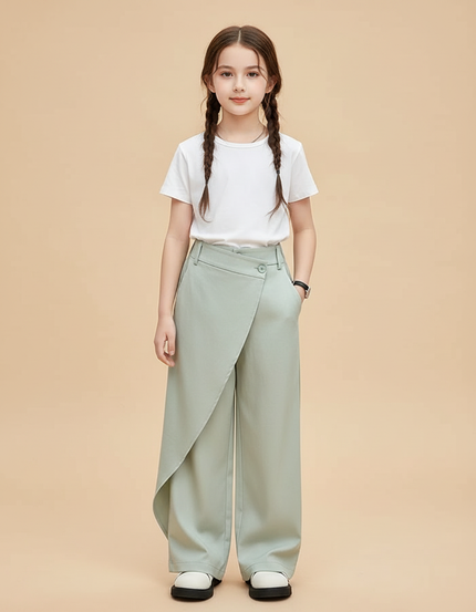 Pantalon Chino Vert Ample Irrégulier Fluide Fille - Polyester