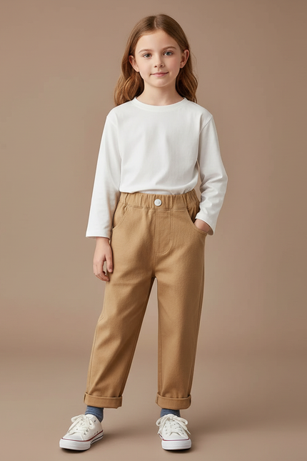 Pantalon Chino Enfant Coton Beige Élastique Décontracté - Molleton