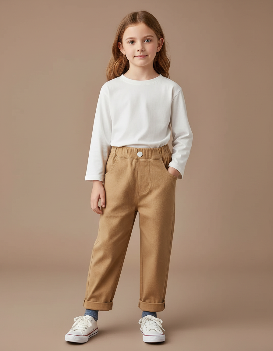 Pantalon Chino Enfant Coton Beige Élastique Décontracté - Molleton