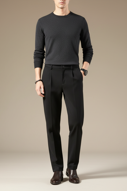 Pantalon Chino Noir Plissé Droit Formel Homme Élégant - Gabardine