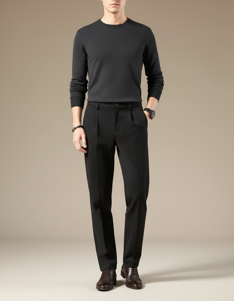 Pantalon Chino Noir Plissé Droit Formel Homme Élégant - Gabardine