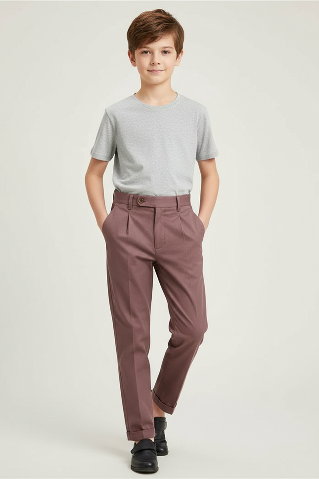 Pantalon Chino Marron Plissé Droit Enfant Coton