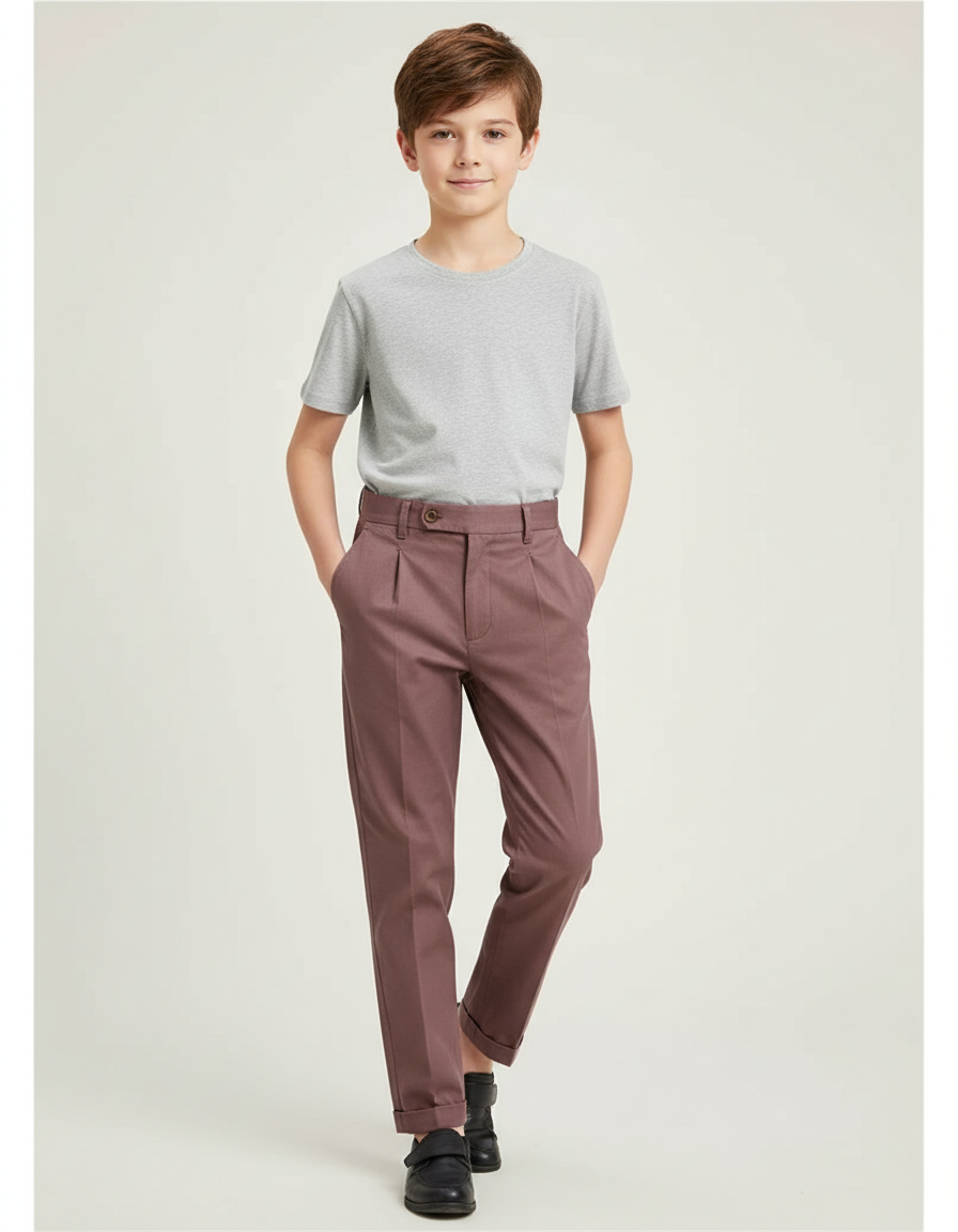 Pantalon Chino Marron Plissé Droit Enfant Coton