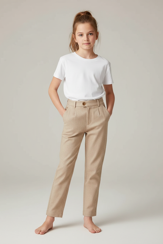 Pantalon Chino Beige Plissé Droit Élégant Fille - Laine